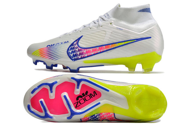 Chuteira Nike Air Zoom Mercurial Superfly 9 Elite - Branco/Azul/Amarelo