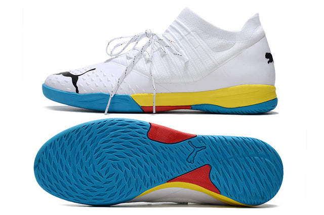Chuteira Puma Future Z 1.3 Pro Cage - Branco/Azul/Amarelo