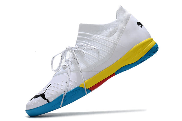 Chuteira Puma Future Z 1.3 Pro Cage - Branco/Azul/Amarelo